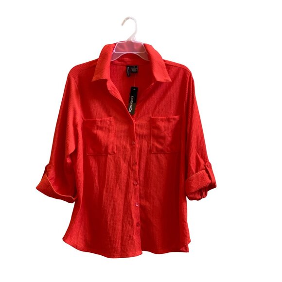Kristin Nicole Womens 1X Orange Button-Up Collared Shirt With Roll-Tab Sleeves & - Picture 1 of 5